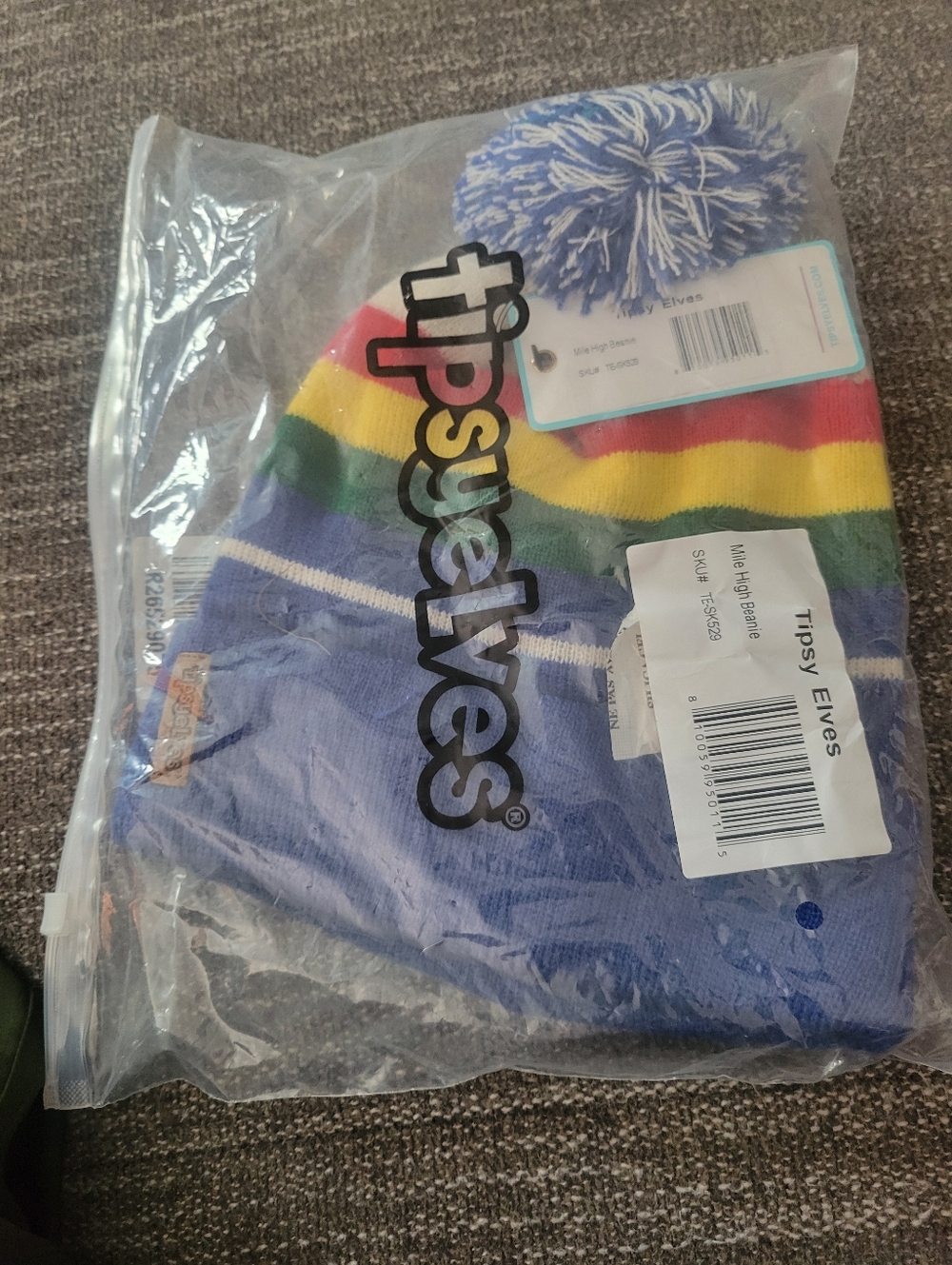 Tipsy Elves NWT Mile High Rainbow Pom Beanie - Blue with Rainbow Stripes